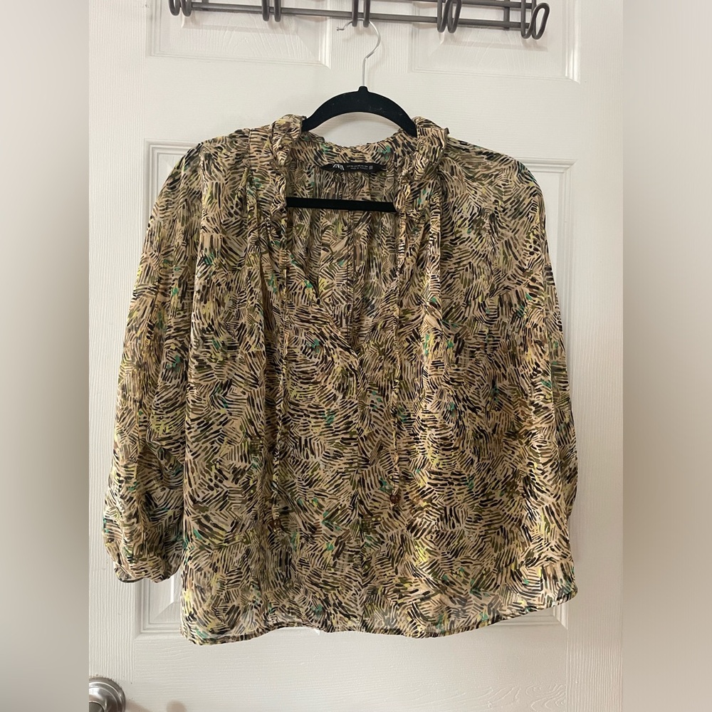 Zara Beige Lightweight Sheer Printed V-Neck Blouse with Black & Green Accents